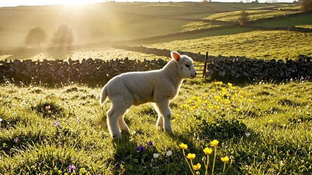 A peaceful lamb in a sunlit spring meadow, evoking the serene spirit of Easter Sunday and new beginnings