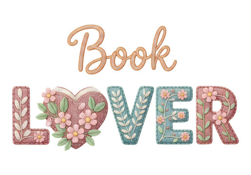 Floral book lover typography isolated on transparent background