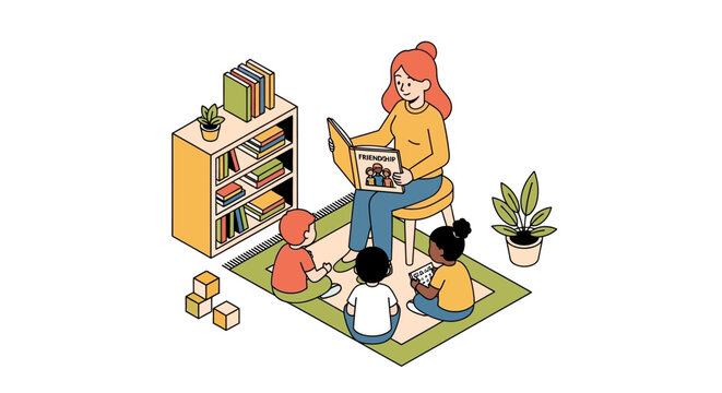 Woman reading to children on a mat.