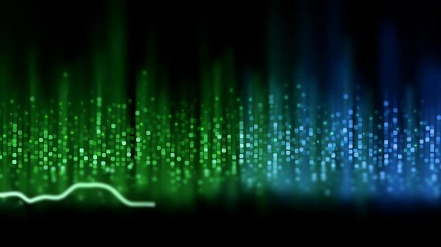 Green blue digital code glitch crt compression pixel breakdown motion matrix overlay tech analog skyline of glowing data particles and streaming light creating futuristic electronic atmosphere
