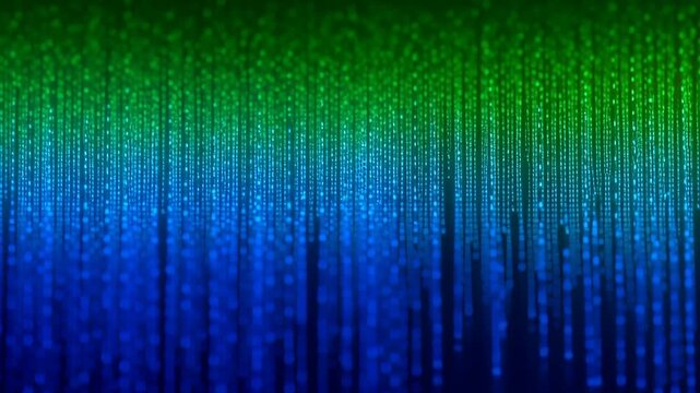 Green and blue digital code glitch crt compression pixel breakdown motion matrix overlay tech analog cascade of falling data streams evoking moody motion and digital decay with cascading display