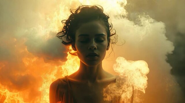 Woman with closed eyes surrounded by fire and smoke, serenity