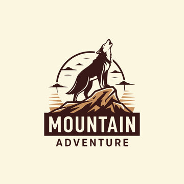 Majestic wolf howling on mountain peak, adventure logo design concept.