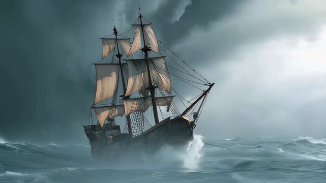 Sailing ship battles stormy seas under dark clouds with flashes of lightning illuminating the scene