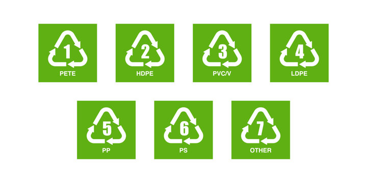 Set of plastic recycling codes and resin identification symbols in black squares.