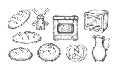 Hand drawn bakery including bread ovens windmill pretzel and jug loaf baguette round
