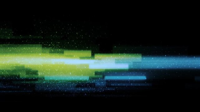 Green blue digital code glitch crt compression pixel breakdown motion matrix overlay tech analog neon data stream moving across dark background with motion blur analog light streaks scattered data