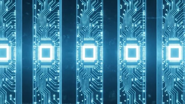 Futuristic circuit board design with glowing blue squares.