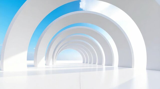 Modern white circular arches architectural structure forming a tunnel under a clear blue sky