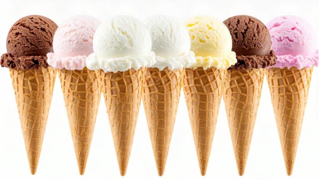 Variety of colorful ice cream scoops in crispy waffle cones arranged in a line on white background