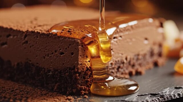 Rich chocolate dessert with cocoa powder topping and golden syrup drizzling over moist layers