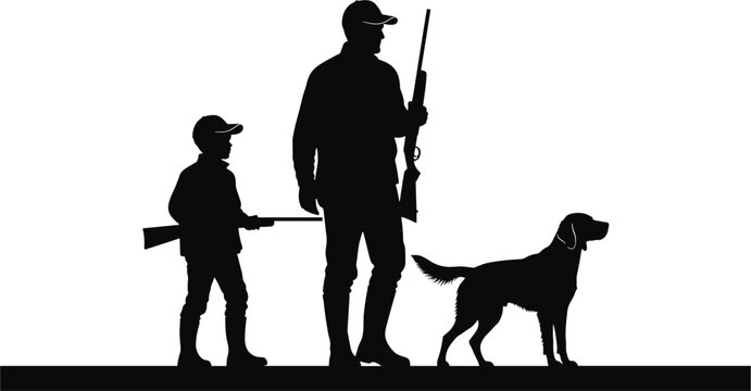 Father and son hunters with rifles and hunting dog silhouette outdoor wildlife tracking family hunting adventure vector illustration isolated background