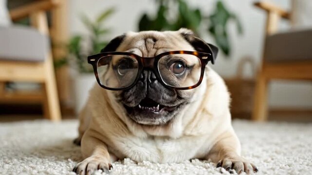 Smart pug wearing eyeglasses indoors on a textured carpet