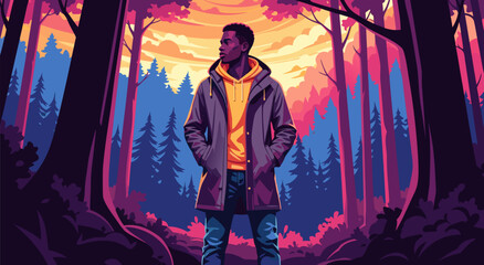A striking vector illustration of a lone Black man standing in a vibrant, colorful forest during sunset, evoking a sense of adventure and introspection © Purnomo