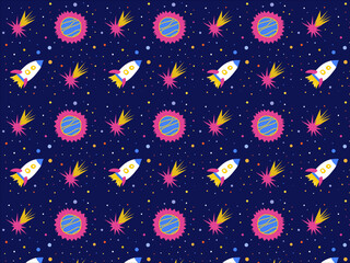Seamless cosmic patterns and icons. High-quality space illustrations in flat and linear styles. Ideal for textile prints, website backgrounds, and kids' activities. © Olpog