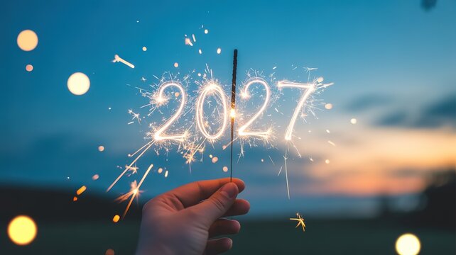 New Year 2027 Glowing Sparkler Held in Hand Against Twilight Sky with Warm Bokeh Lights for Festive Greeting Cards and Celebration Designs