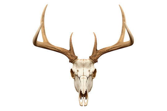 Deer skull with large antlers, a hunting trophy or symbol of wildlife, isolated on transparent background