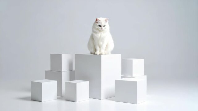 Fluffy white longhair cat sitting on white cube pedestals in a minimalist modern studio with geometric shapes