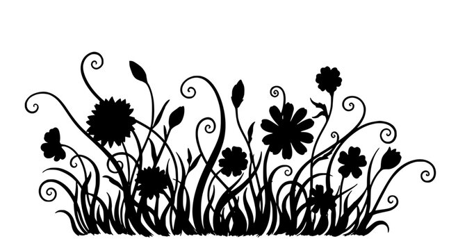 Flowers black silhouette with curly stems and leaves on white background featuring grass, plants, floral with