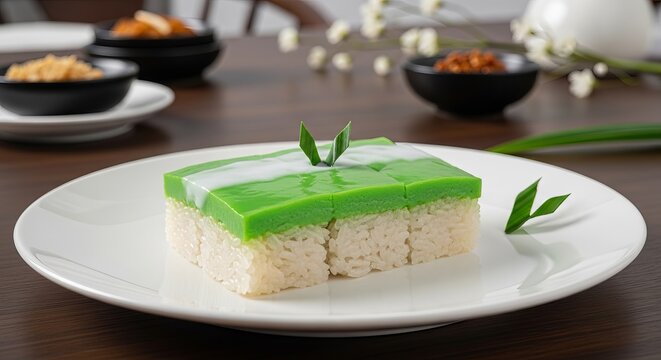eri Muka, a classic two-layered Malaysian and Indonesian steamed cake. It features a bottom layer of savory glutinous rice topped with a smooth, sweet, and fragrant green pandan custard. 