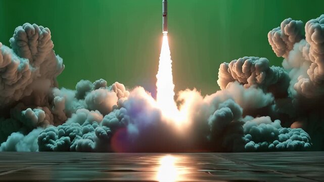 Rocket lifts off with powerful thrust against a backdrop of dense smoke and bright flames in a dramatic display of force during launch