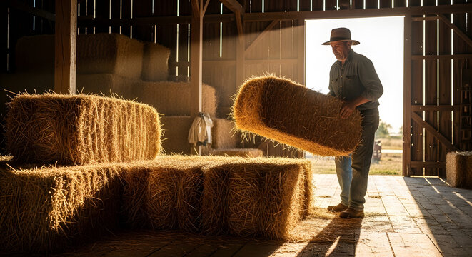 A hardworking farmer wearing a hat moves golden hay bales inside a dusty barn with light beams