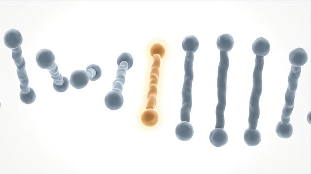 Animated 3D rendering of a DNA double helix with a highlighted segment representing genetic mutation or scientific research in a clean white background