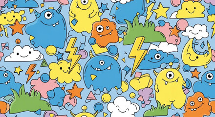 Obraz premium Cute doodle monster seamless pattern background with clouds and lightning.