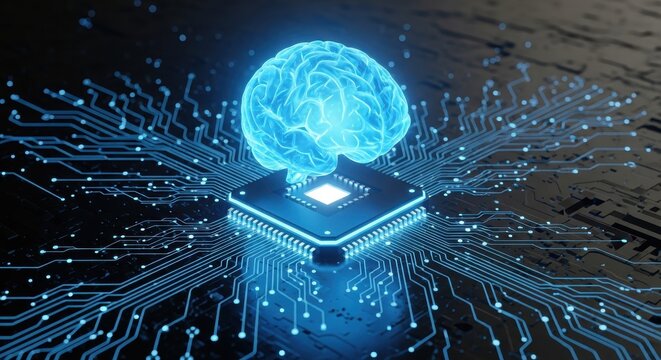 Glowing digital human brain rests atop a glowing central processing unit connected to intricate circuitry