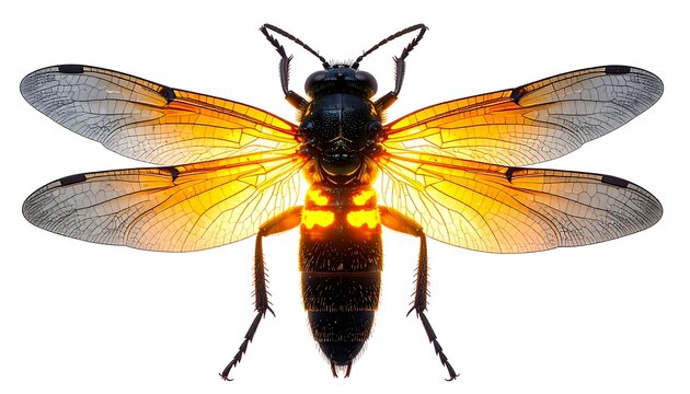 Overhead studio shot of an insect with intricate translucent wings illuminated by warm yellow light. Detailed body with dark segments