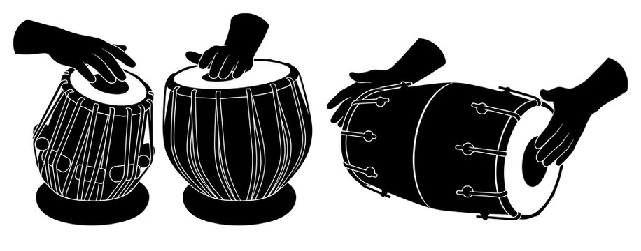 Close up hands playing traditional indian percussion instruments tabla and dholak vector illustration black and white silhouette for musical event poster or cultural rhythm design.