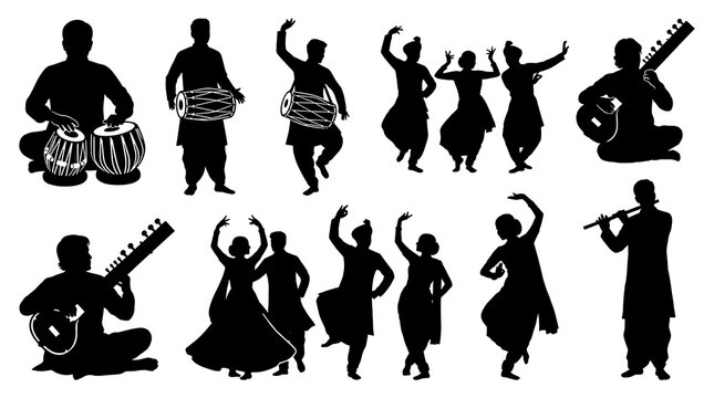 Indian traditional musicians and dancers silhouette vector collection featuring people playing tabla dholak sitar and flute for cultural festival celebration and music performances.