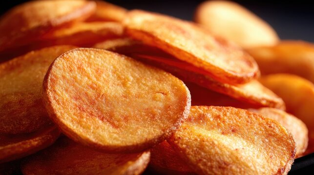 Crispy and Golden Potato Chips Piled High Ready for Snacking on a Dark Background Perfect for Food Photography and Culinary Presentations