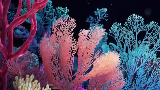 Underwater coral reef scene at night showcasing vibrant coral polyps in a stunning anime art style with captivating colors and intricate details
