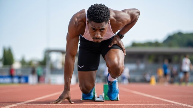 Young black male athlete in athletic wear getting ready to sprint on a red track with white lines on a sunny day at an outdoor sports stadium