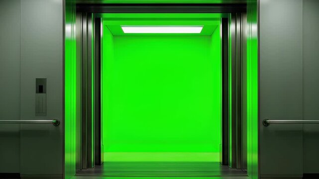 Bright green elevator doors open to reveal an interior filled with vibrant color and modern design