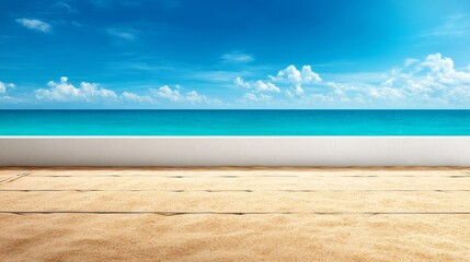 Fototapeta premium Serene Beach Volleyball Court With Sand and Ocean View Under Clear Sky