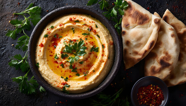 Hummus close up on a dark background with olive oil and parsley. A delicious middle-eastern food in a bowl, top view