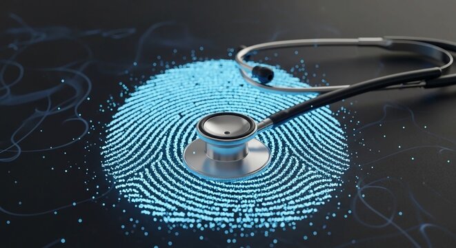 A Stethoscope on glowing fingerprint representing digital health and identity internet safety, stethoscope chest piece resting on a glowing digital fingerprint made of blue light particles on a dark b