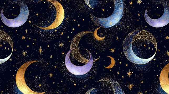 Seamless crescent moon phase pattern with celestial night sky
