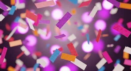 Fototapeta premium Numerous rectangular pieces of colorful paper drift through a dark background illuminated by bright magenta orbs.