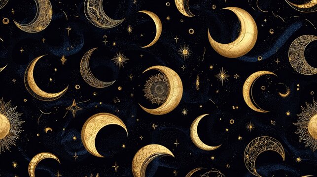 Seamless crescent moon phase pattern with gold celestial elements on dark night sky