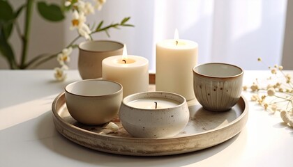Cozy Christmas still life featuring a burning candle and coffee amidst zen stones and flowers for natural aromatherapy and relaxation
