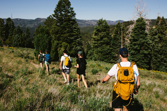 Teens with backpacks hiking through green side of mountain