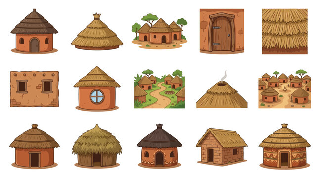 Collection of African village houses and architectural elements, showcasing traditional thatched roofs and mud-brick construction.