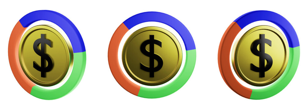 Coin of Fortune: Three golden coins, each adorned with a dollar sign, are surrounded by segmented rings of color. Symbolizing wealth, investment, and financial opportunity. 
