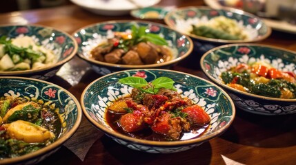 Fototapeta premium A Diverse Array of Colorful Dishes Served in Traditional Bowls on a Wooden Table, Featuring Fresh Ingredients and Rich Flavors from Cultural Cuisine