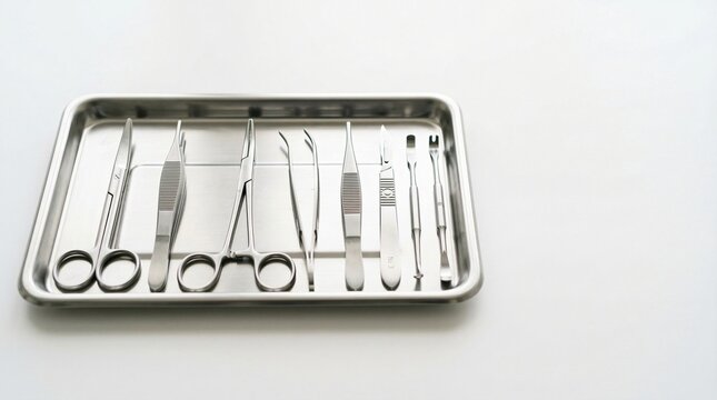 Surgical instruments including forceps scissors and scalpels arranged on a metal tray