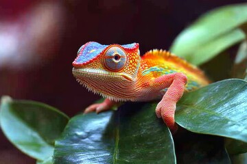 Fototapeta premium Selective focus close-up of chameleon changing colors on plant