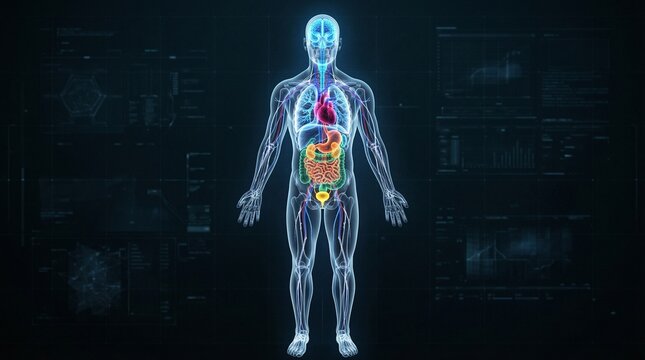 Futuristic 3D medical interface showing a human body hologram with highlighted internal organs, including the brain, heart, lungs, and digestive system, on a dark blue digital HUD background